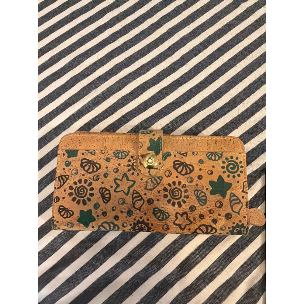 Natural Cork Sea Life Nautical Bifold Wallet Teal Starfish Shells Tan 7.5 Inch